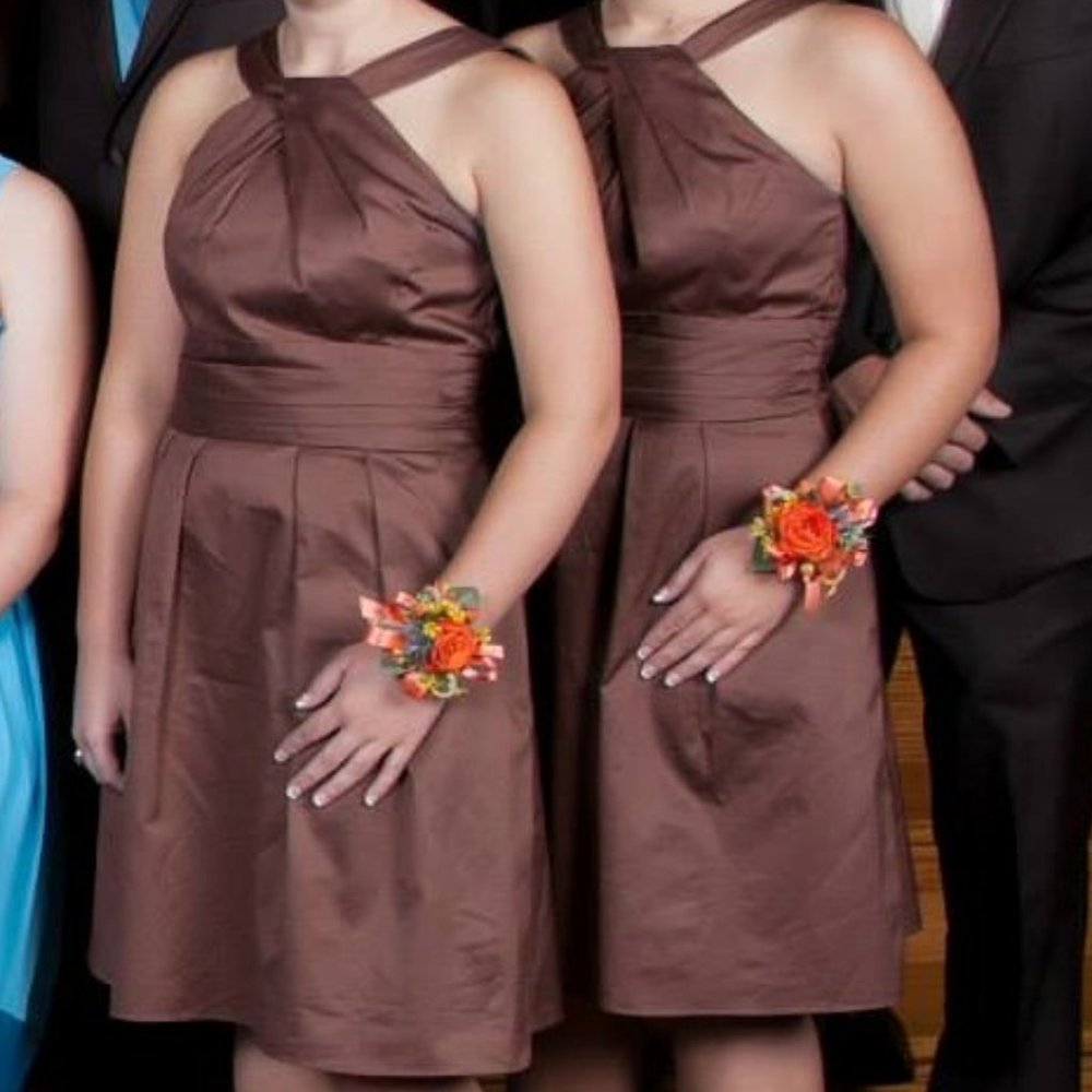 David’s Bridal Cocoa/Chocolate Short Cotton Dress Y-Neck and Skirt Pleating - 1